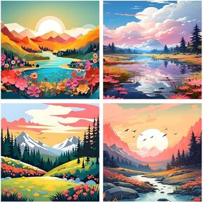 4 Pack Paint by Numbers for Adults, Landscape DIY Acrylic Painting Paint by Numbers Kits on Canvas for Kids Ages 4-8-12 Perfect for Gift Home Wall Decor(8x8in)