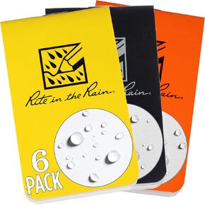 Rite in the Rain Weatherproof On The Go Wallet Notebook, 2" x 3.375", 2 Each Yellow, Black, Orange Cover, Blank Pages, 6 Pack (No. OTG-INDL)