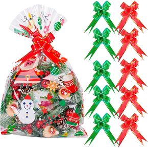 Kolewo4ever 20pcs Christmas Cellophane Basket Bags Snowman Santa Snowflake Wine Bottles Cellophane Wrap Set Include 10 Christmas Basket Bags with 10 Pull Bows (12 x 18 inches)