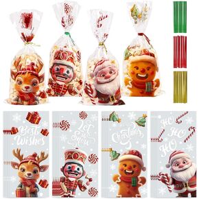 SULOLI 120 Pcs Christmas Cellophane Bags, Xmas Candy Bags Clear Cellophane Treat Bags with 150 Twist Ties for Christmas Party Supply