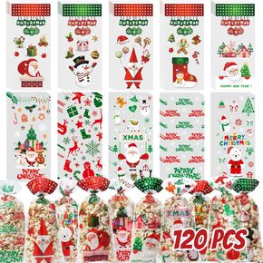 WUYEE 120PCS Christmas Cellophane Gift Bags with Twist Ties, 10 Assorted Designs Christmas Treat Bags Bulk, Christmas Party Supplies Clear Xmas Cello Candy Cookie Goodies Bags for Holiday Treats