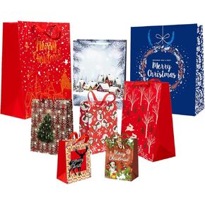 Cherubfunz 24 PCS Christmas Gift Bags Bulk Set with Snowman, Snowflake, Christmas Bell/Tree/Gin Pattern Design, Festival Bags for Wrapping Holiday Gifts – 6 X-Large, 6 Large, 6 Medium, 6 Small