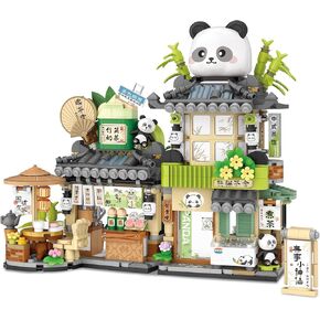 Street View Tea Shop Mini Building Blocks, MOC Creative Building Toys Cute Panda Animals Building Set for Girls 6-12, Simulation Architecture Construction Toy, Gift Idea for Kids Adults (860PCS)