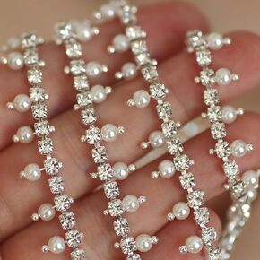 3 Yards White Beaded Crystal Rhinestone Applique, Rhinetones Trim for Dress, Bridal Applique, Crystal Beaded Applique for Bridal Wedding, Party and Other Formal Occasions (White-Small Pearl)