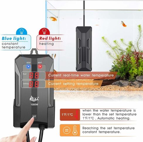 سخان حوض السمك AQQA، سخان خزان أسماك من الفولاذ المقاوم للصدأ 316 غاطس، 59 درجة فهرنهايت - 93 درجة فهرنهايت، تسخين سريع مقاوم للانفجار، حماية أمان مزدوجة شاشة رقمية LED تسخين تلقائي (1200 وات (لمدة 150-280 جالون)) in Kuwait