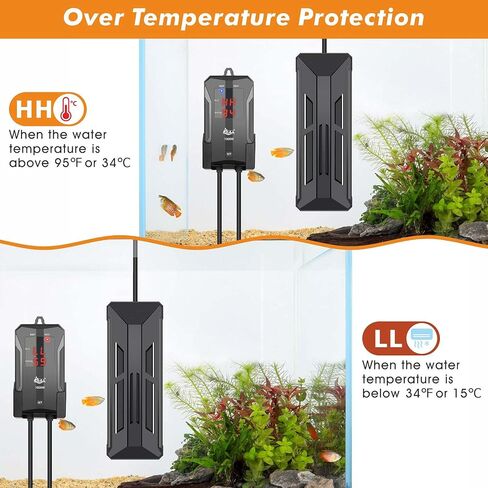 سخان حوض السمك AQQA، سخان خزان أسماك من الفولاذ المقاوم للصدأ 316 غاطس، 59 درجة فهرنهايت - 93 درجة فهرنهايت، تسخين سريع مقاوم للانفجار، حماية أمان مزدوجة شاشة رقمية LED تسخين تلقائي (1200 وات (لمدة 150-280 جالون)) in Kuwait