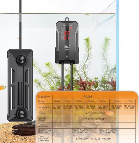 سخان حوض السمك AQQA، سخان خزان أسماك من الفولاذ المقاوم للصدأ 316 غاطس، 59 درجة فهرنهايت - 93 درجة فهرنهايت، تسخين سريع مقاوم للانفجار، حماية أمان مزدوجة شاشة رقمية LED تسخين تلقائي (1200 وات (لمدة 150-280 جالون)) in Kuwait