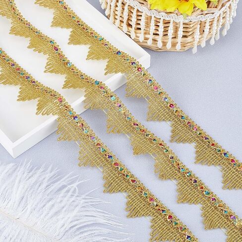 GORGECRAFT 5 Yards Metallic Lace Trim 1.5 Inch Width Gimp Braid Fringe Gold Embroidery Venice Ribbon Edge with Sequins Triangle Craft Sewing Garment Accessory for Wedding Costume Clothing Decor in Saudi Arabia