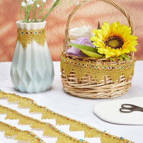 GORGECRAFT 5 Yards Metallic Lace Trim 1.5 Inch Width Gimp Braid Fringe Gold Embroidery Venice Ribbon Edge with Sequins Triangle Craft Sewing Garment Accessory for Wedding Costume Clothing Decor in Saudi Arabia