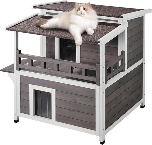 VEVOR Outdoor Cat House Weatherproof, Feral Cat Shelter for Multiple Cats, 2-Story Large Outdoor Wooden Cat House with Balcony, Doors, PVC Door Flaps and Open Roof, 30" L x 30" W x 32" H in Saudi Arabia