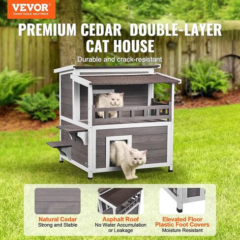 VEVOR Outdoor Cat House Weatherproof, Feral Cat Shelter for Multiple Cats, 2-Story Large Outdoor Wooden Cat House with Balcony, Doors, PVC Door Flaps and Open Roof, 30" L x 30" W x 32" H in Saudi Arabia