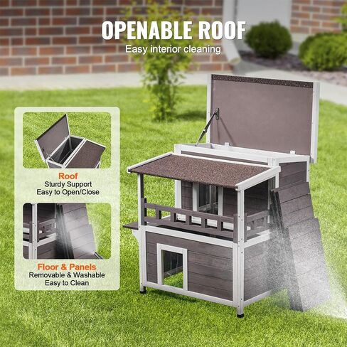 VEVOR Outdoor Cat House Weatherproof, Feral Cat Shelter for Multiple Cats, 2-Story Large Outdoor Wooden Cat House with Balcony, Doors, PVC Door Flaps and Open Roof, 30" L x 30" W x 32" H in Saudi Arabia