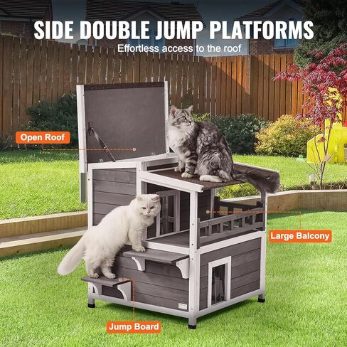 VEVOR Outdoor Cat House Weatherproof, Feral Cat Shelter for Multiple Cats, 2-Story Large Outdoor Wooden Cat House with Balcony, Doors, PVC Door Flaps and Open Roof, 30" L x 30" W x 32" H in Saudi Arabia