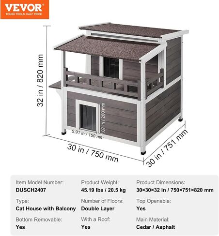 VEVOR Outdoor Cat House Weatherproof, Feral Cat Shelter for Multiple Cats, 2-Story Large Outdoor Wooden Cat House with Balcony, Doors, PVC Door Flaps and Open Roof, 30" L x 30" W x 32" H in Saudi Arabia