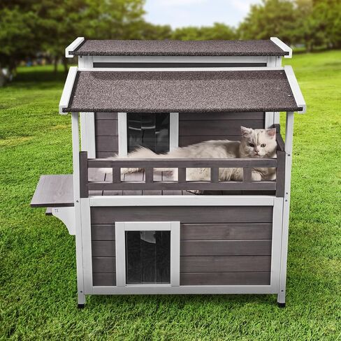 VEVOR Outdoor Cat House Weatherproof, Feral Cat Shelter for Multiple Cats, 2-Story Large Outdoor Wooden Cat House with Balcony, Doors, PVC Door Flaps and Open Roof, 30" L x 30" W x 32" H in Saudi Arabia