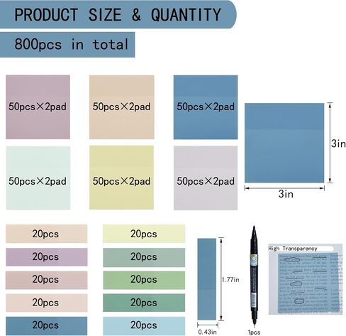 800Pcs Transparent Sticky Notes, 3"x3" Clear Sticky Notes, Waterproof Translucent Sticky Note Pads for Books Annotation, Clear Post it Notes for Bible Study, School, Office（Morandi） in Saudi Arabia