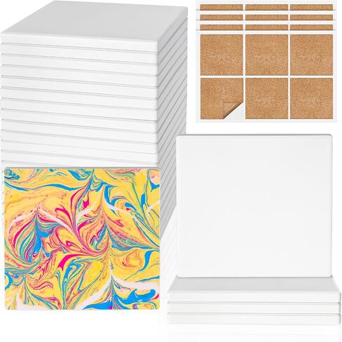 Ceramic Tiles for Crafts, GOH DODD 36 Pack Unglazed Blank Coasters White Tiles with 36 Cork Backing Pads for Alcohol Ink, Painting, Acrylic Pouring, DIY, Art Projects, Decorating, Square, 4 Inch in Kuwait