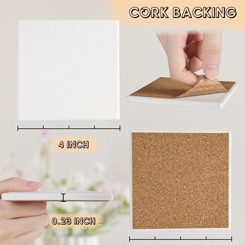 Ceramic Tiles for Crafts, GOH DODD 36 Pack Unglazed Blank Coasters White Tiles with 36 Cork Backing Pads for Alcohol Ink, Painting, Acrylic Pouring, DIY, Art Projects, Decorating, Square, 4 Inch in Kuwait