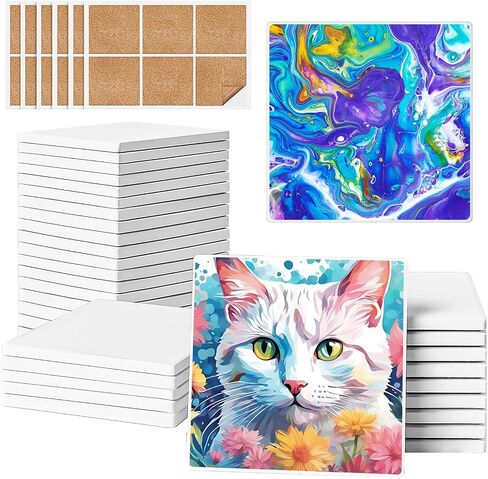 Ceramic Tiles for Crafts, GOH DODD 36 Pack Unglazed Blank Coasters White Tiles with 36 Cork Backing Pads for Alcohol Ink, Painting, Acrylic Pouring, DIY, Art Projects, Decorating, Square, 4 Inch in Kuwait