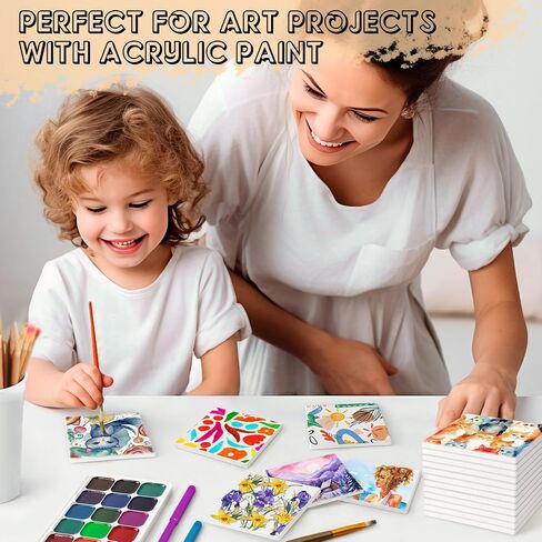 Ceramic Tiles for Crafts, GOH DODD 36 Pack Unglazed Blank Coasters White Tiles with 36 Cork Backing Pads for Alcohol Ink, Painting, Acrylic Pouring, DIY, Art Projects, Decorating, Square, 4 Inch in Kuwait
