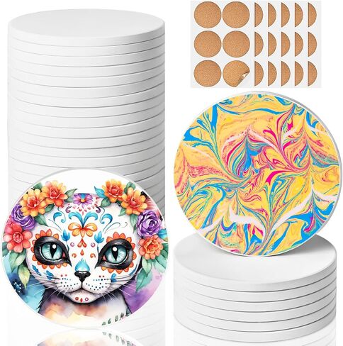 Ceramic Tiles for Crafts, GOH DODD 36 Pack Unglazed Blank Coasters White Tiles with 36 Cork Backing Pads for Alcohol Ink, Painting, Acrylic Pouring, DIY, Art Projects, Decorating, Square, 4 Inch in Kuwait