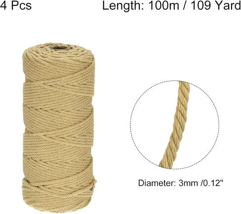 MECCANIXITY 4 Pcs Cotton Rope 4 Strand Twisted Braided Rope Cord, Brown Yellow 100m/109 Yard 3mm Dia for Wall Hanging, Plant Hanger, Knitting, Macrame Knotting in Saudi Arabia