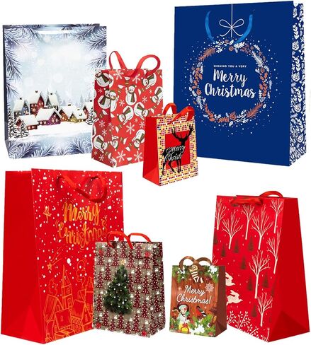 Cherubfunz 24 PCS Christmas Gift Bags Bulk Set with Snowman, Snowflake, Christmas Bell/Tree/Gin Pattern Design, Festival Bags for Wrapping Holiday Gifts – 6 X-Large, 6 Large, 6 Medium, 6 Small in Saudi Arabia