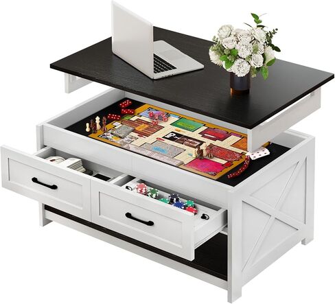 DWVO Farmhouse Living Room Coffee Table: Board Game Table with Play Mat, 3-in-1 Puzzle Table with 4 Drawers & Power Outlet, Coffee Table with Removable Table Top (Walnut/White) in Saudi Arabia