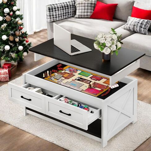 DWVO Farmhouse Living Room Coffee Table: Board Game Table with Play Mat, 3-in-1 Puzzle Table with 4 Drawers & Power Outlet, Coffee Table with Removable Table Top (Walnut/White) in Saudi Arabia