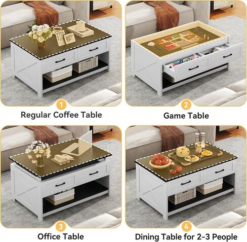 DWVO Farmhouse Living Room Coffee Table: Board Game Table with Play Mat, 3-in-1 Puzzle Table with 4 Drawers & Power Outlet, Coffee Table with Removable Table Top (Walnut/White) in Saudi Arabia