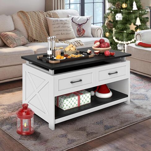 DWVO Farmhouse Living Room Coffee Table: Board Game Table with Play Mat, 3-in-1 Puzzle Table with 4 Drawers & Power Outlet, Coffee Table with Removable Table Top (Walnut/White) in Saudi Arabia