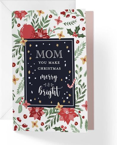 Single Christmas Card For Mom (Mother) | Pomegranate, Poinsettia, Mistletoe | Your Purchase Helps Animals In Need | 5"x7.5" | Individual Christmas Card with Envelope | Made in USA | in Saudi Arabia