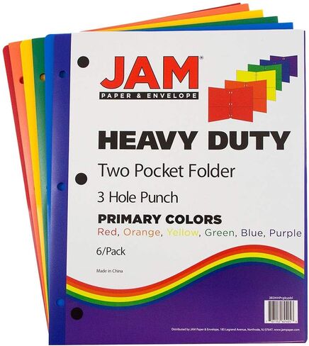 مجلدات جيوب بلاستيكية شديدة التحمل بثلاثة فتحات من JAM PAPER - مجلدات مدرسية متينة للغاية - ألوان أساسية متنوعة - 6/حزمة in Saudi Arabia