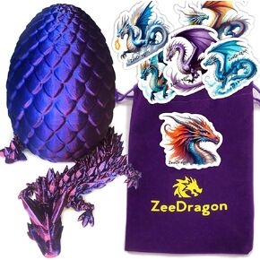 3D Printed Dragon in Crystal Egg, 9pc, Velvet Pouch, Dragon Art Stickers, Articulated, Flexible Joints, Twist Open Egg, Home Office Desk Fidget Toy, Kids, Adults & Autism/ADHD ZeeDragon Laser Purple