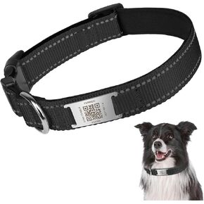 Dog Collar with QR Tag - Reflective Dog Collar with QR Name Tag - Padded, Adjustable, Soft Dog Collars for Safe Night Walking, Fits Small Medium Large Dogs (Black, XL)