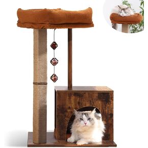 FUKUMARU Cat Scratching Post, (2024 Upgrade) Retro Style Cat Tree with Unique Square Post, Wooden Cat Tower with silvervine balls, Modern Cat Condo Scratcher for Indoor Cats