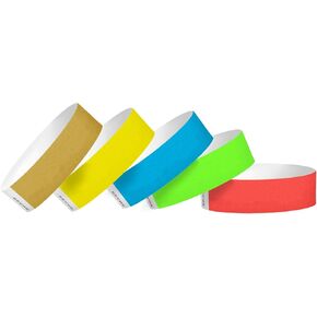 500 Pcs Paper Wristbands for Events, Waterproof Identification Wrist Bands, 5 Colored Bracelets for Women and Men, Neon Blue,Neon Yellow,Neon Green,Gold and Red Armbands for Party,Concert