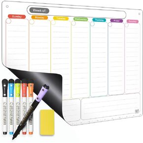 MAG-FANCY Magnetic Dry Erase Calendar for Refrigerator Weekly Fridge Writing Board Planner -Extra Thick Magnet, 5 Dry Erase Markers & 1 Wet Erase Marker & Eraser | with Lines