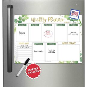 Greenery Magnetic Weekly Calendar for Fridge Whiteboard - Weekly Dry Erase Board for Fridge, Magnetic Weekly Planner for Fridge, Magnetic Whiteboard for Fridge, Schedule Board, White Board for Fridge