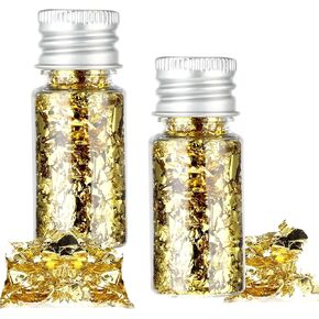 2 Bottles Gold Leaf Sheets Food Cake Gold Foil Decoration Glitter Gold Foil Flakes Baking Chocolates Gold Foil Decor for DIY Crafts Dessert Cupcakes Nail Art Painting Jewelry Making