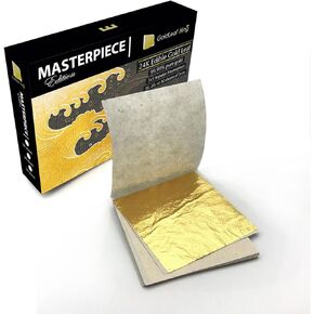 ورقة أوراق الذهب الصالحة للأكل عيار 24 قيراط 99.99% من GoldleafKing Masterpiece Edition 10، 20، 30 ورقة | 2 بوصة | تحفة إمبلس 5x5 سم (إصدار تحفة - 20 ورقة)