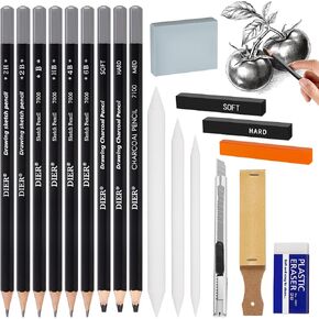 Kosiz 19 Pcs Sketching and Drawing Art Charcoal Pencil Kit Art Supplies with Sketch Pencils Charcoal Paper Blending Stumps Erasers Sanding Board Gift for Christmas Artists Beginner Teens Adults