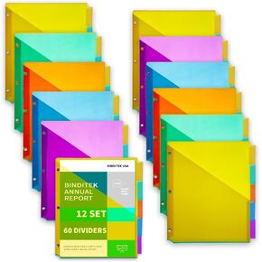 Binditek 10 Pack Plastic Dividers with Front Pocket, 5-Tab Insertable Poly Pocket Dividers for 3 Ring Binders, Letter Size, Multicolor, 2 Set, for Students and Coworkers