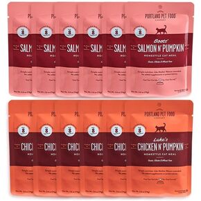 Human-Grade Mixed Variety Pack Wet Cat Food Pouch — Moist, Soft Cat Food Mixer, Topper, and Rotational Meal (6 Chicken, 6 Salmon) by Portland Pet Food Company