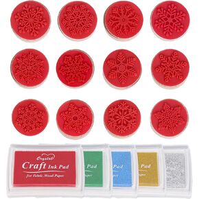 JarThenaAMCS 12Pcs Winter Snowflake Wooden Rubber Stamps with 5 Colors Craft Ink Pads Christmas Snowflake DIY Craft Stamps for Xmas Party Gift Decor Scrapbooking Cards Making