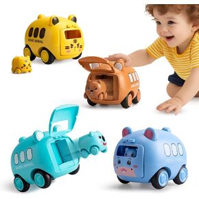 Push and Go Cars for Toddlers 1-3, 4 Pack Launcher Zoo Animal Car Toys for 1 2 3 4 Year Old Boys Girls, Infant Inertia Drive Vehicles Set for Kid Baby First Birthday Christmas Easter Gifts