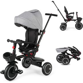 Baby Tricycle, 6-in-1 Folding Kids Trike with Removable Push Handle, Rotatable Seat, Adjustable Canopy, Storage Box, Safety Harness, Balance Bike, Toddler Trike for 7 Months - 5 Year Girls and Boys