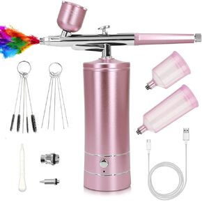 Airbrush Kit with Compressor, Air Brush Gun Rechargeable Portable High Pressure Air Brushes with 0.3mm Nozzle and Cleaning Brush Set for Painting, Tattoos, Nail, Makeup, Art, Cake Decorating (Black)