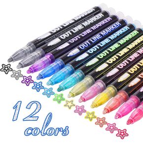 12 Colors Shimmer Outline Markers for Scrapbook, Markers Set for 10 12 Year Old Girls, Glitter Makers Teen Girl Trendy Stuff Kids Makers for Art and Crafts School Supplies Drawing Kits
