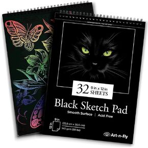 Art-N-Fly Black Sketch Pad Mini 5.5x8.5" 2 Pack - Black Paper Sketchbook for Drawings, Perforated Edge on Spiral 100 Sheets Total - Art Sketch Book for Coloured Pencils, Graphite, Pastels & Gel Pens